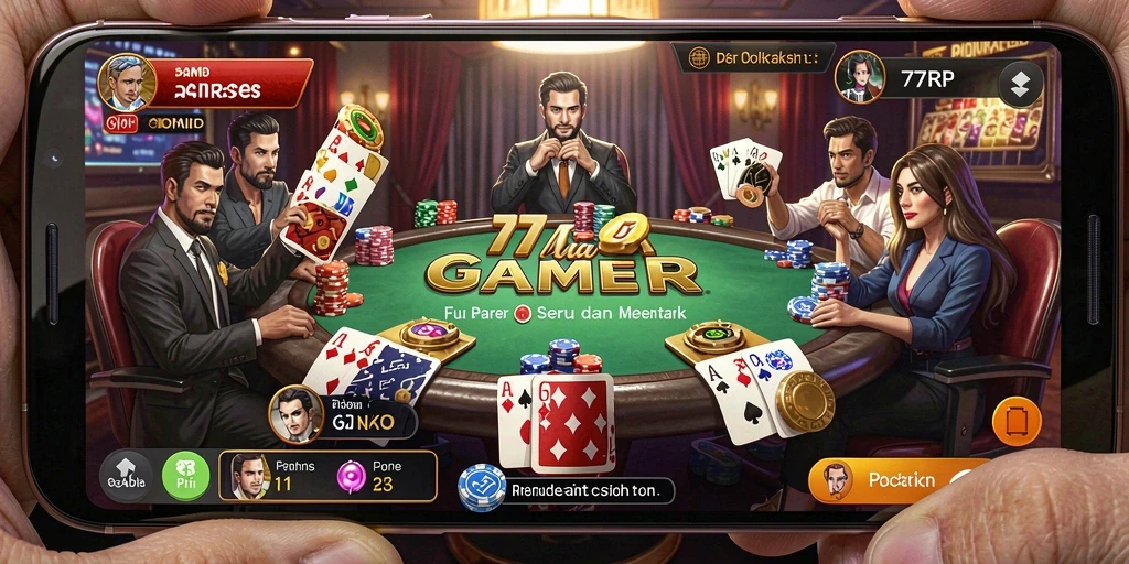 Screenshot utama 77RP menunjukkan pemain berkompetisi di meja poker.
