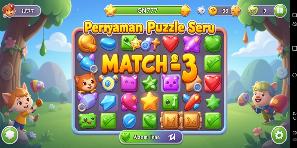 Screenshot gameplay GN777 menunjukkan keseruan Match-3 yang menantang.