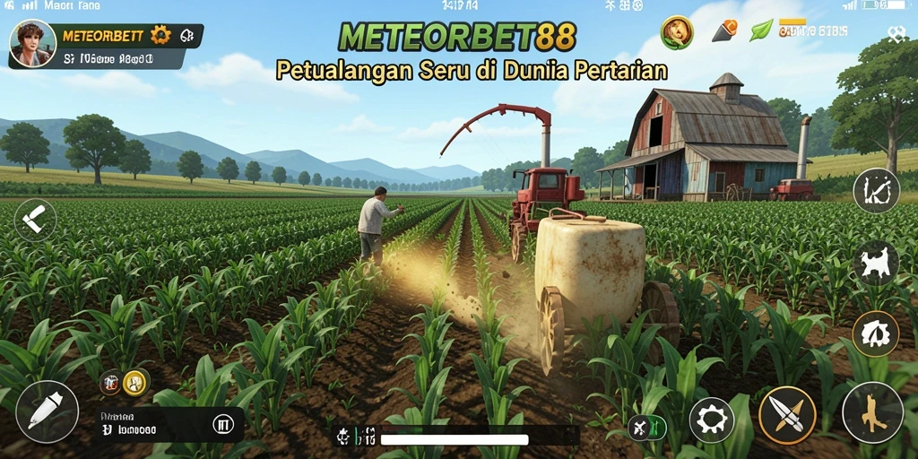 Tangkapan layar utama METEORBET88 menampilkan ladang yang subur dan aktivitas bertani.