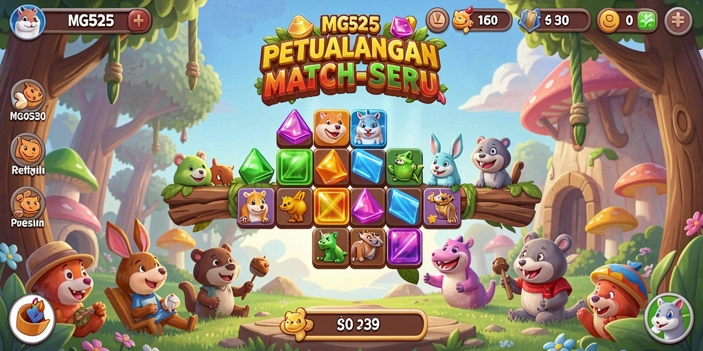Tangkapan layar MG525 menunjukkan gameplay Match-3 yang menarik dan penuh warna.