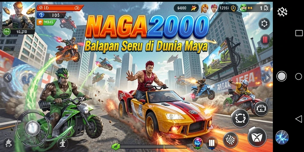 Screenshot dari gameplay NAGA2000 dengan mobil balap di lintasan.