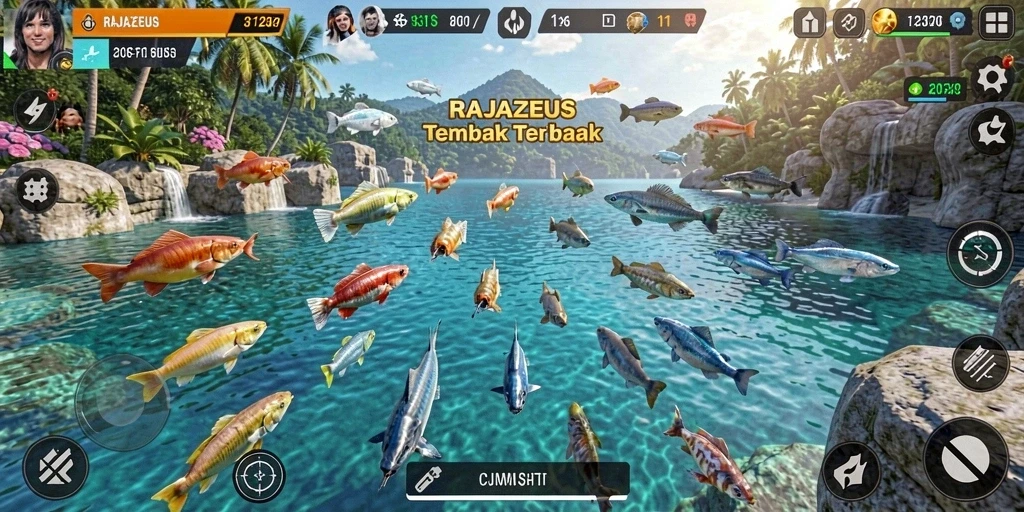 Tangkapan layar gameplay RAJAZEUS menampilkan aksi tembak ikan yang seru.